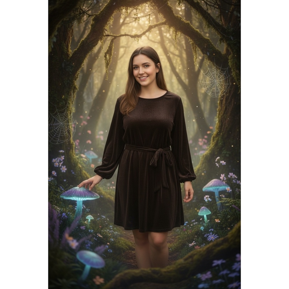 Velvet Tie-Sleeve Scoopneck Dress Straight Silhouette Cinch Waist 2X witchy plus